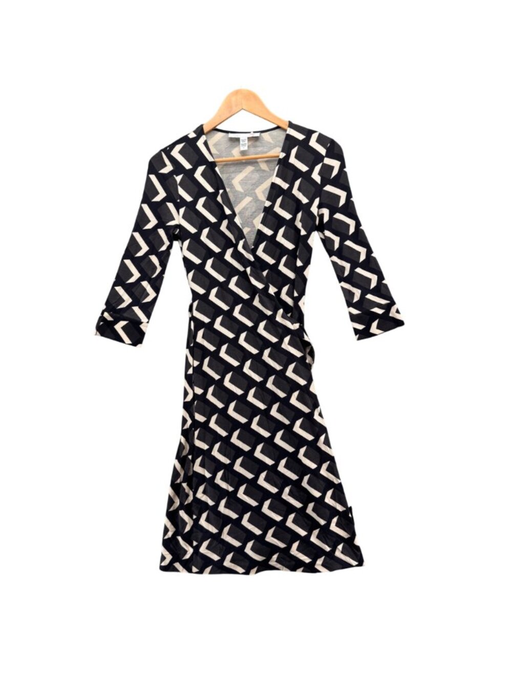 Diane Von Furstenberg Julian Wrap Dress Black White Silk 3/4 Sleeve Size 4 - Picture 3 of 11